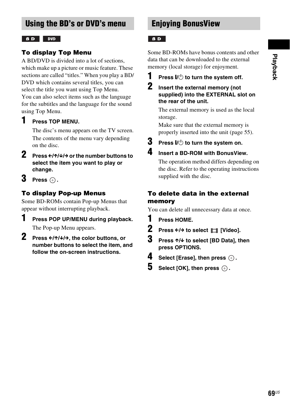 Using the bd’s or dvd’s menu, Enjoying bonusview | Sony BDV-IT1000ES User Manual | Page 69 / 155