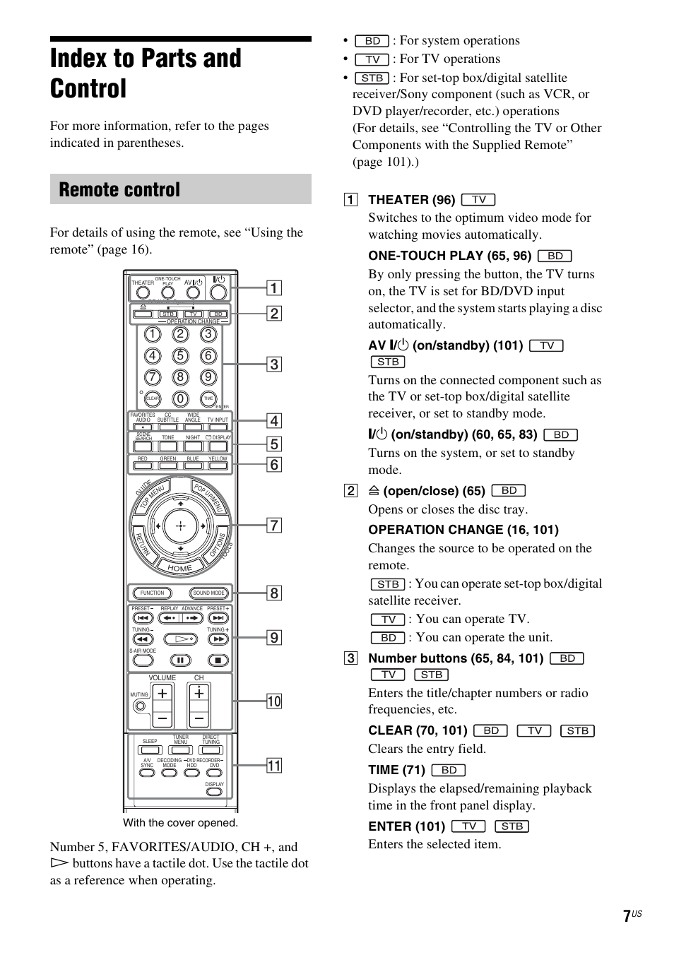 Index to parts and control, Remote control, Turns on the system, or set to standby mode | Opens or closes the disc tray, Clears the entry field, Enters the selected item, A theate r (96), One-touch play ( 65, 96), Av " / 1 (on/standb y) (101), B a (open/clo se) (65) | Sony BDV-IT1000ES User Manual | Page 7 / 155