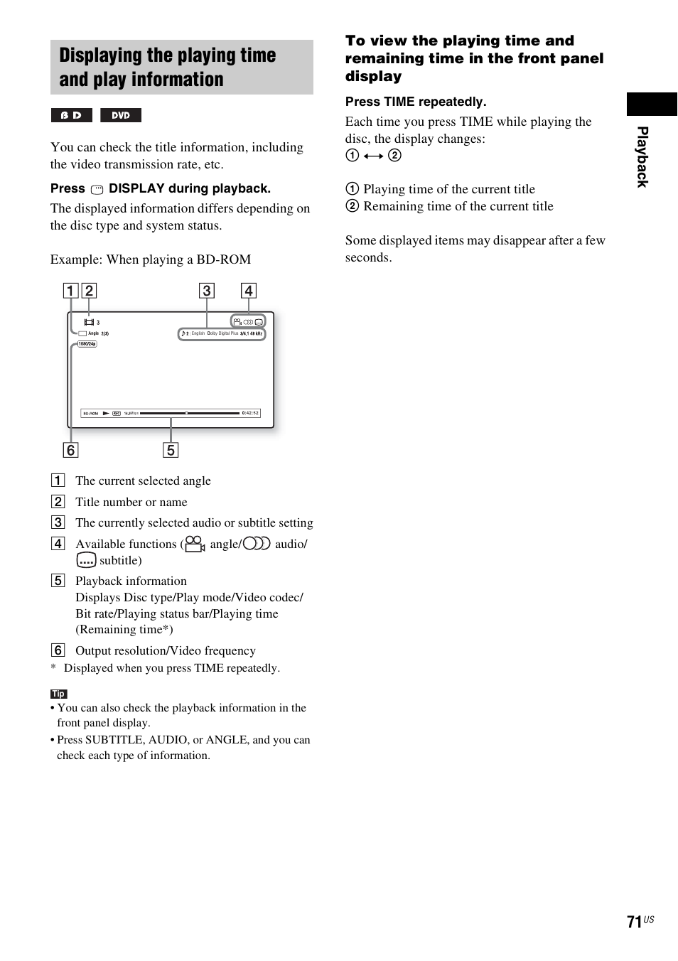 Displaying the playing time and play information, Play b a ck | Sony BDV-IT1000ES User Manual | Page 71 / 155