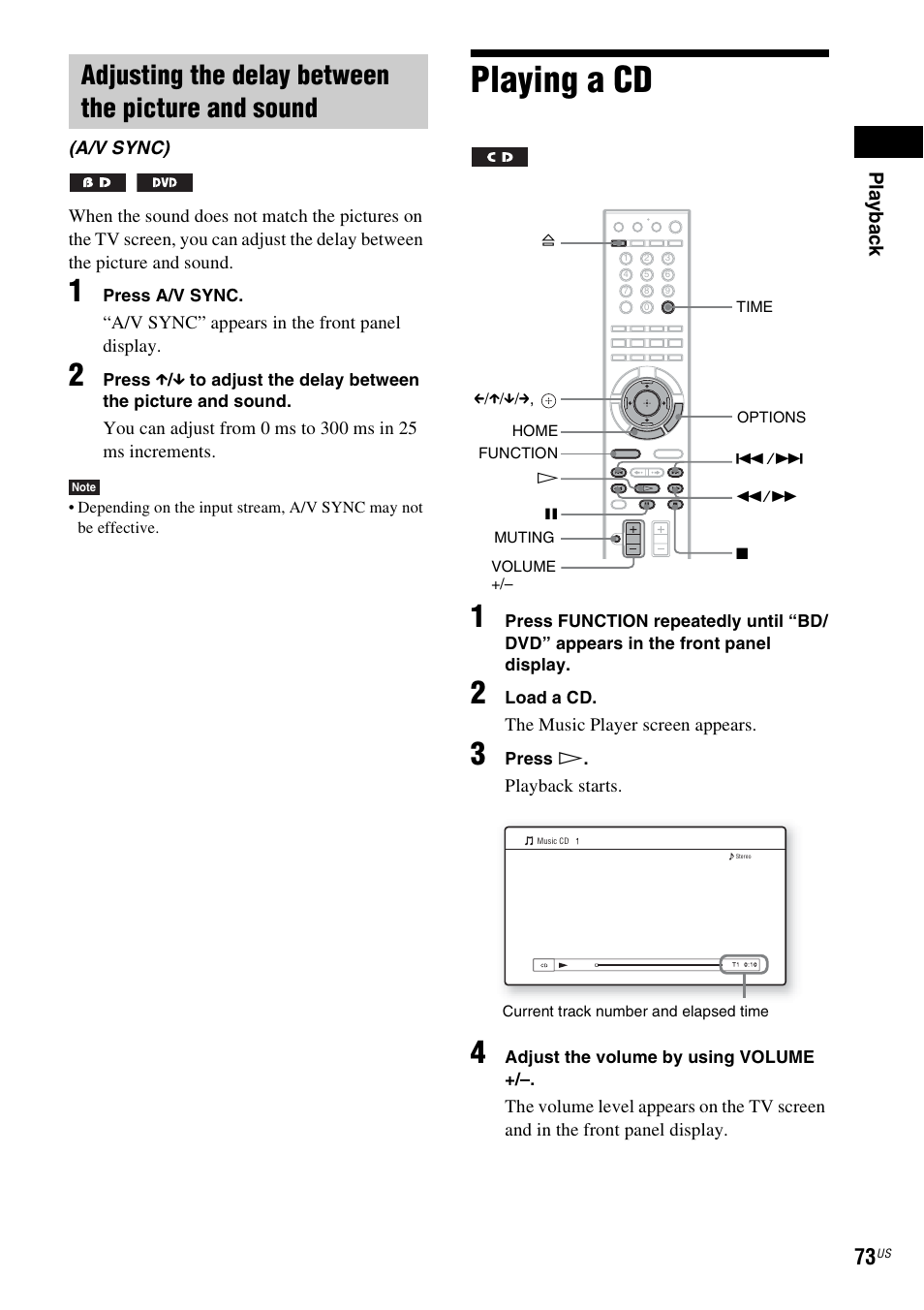 Adjusting the delay between the picture and sound, Playing a cd | Sony BDV-IT1000ES User Manual | Page 73 / 155