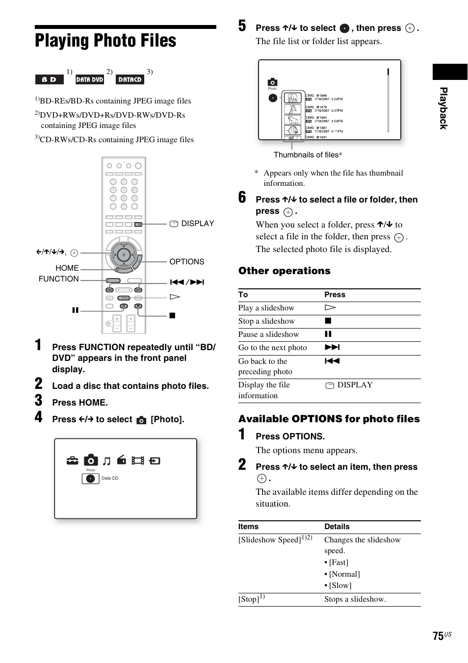 Playing photo files | Sony BDV-IT1000ES User Manual | Page 75 / 155