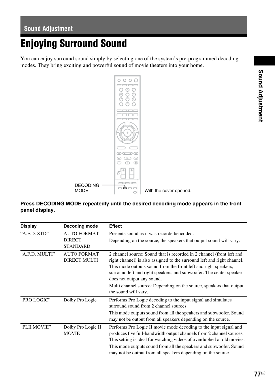 Sound adjustment, Enjoying surround sound, Sou nd adj u stm e nt | Sony BDV-IT1000ES User Manual | Page 77 / 155