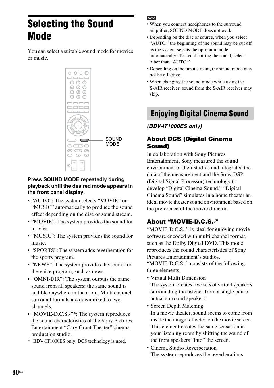 Selecting the sound mode, Enjoying digital cinema sound | Sony BDV-IT1000ES User Manual | Page 80 / 155