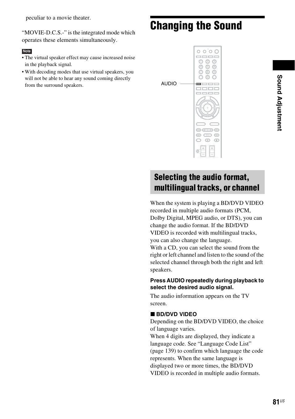 Changing the sound, Sou nd adj u stm e nt | Sony BDV-IT1000ES User Manual | Page 81 / 155