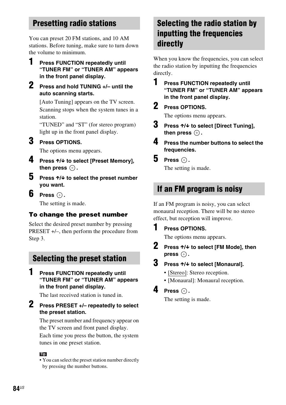 Presetting radio stations, Selecting the preset station, If an fm program is noisy | Sony BDV-IT1000ES User Manual | Page 84 / 155