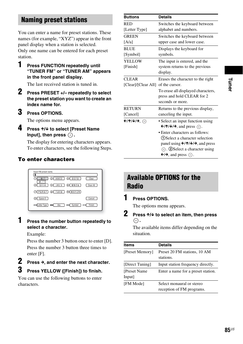 Naming preset stations, Available options for the radio | Sony BDV-IT1000ES User Manual | Page 85 / 155