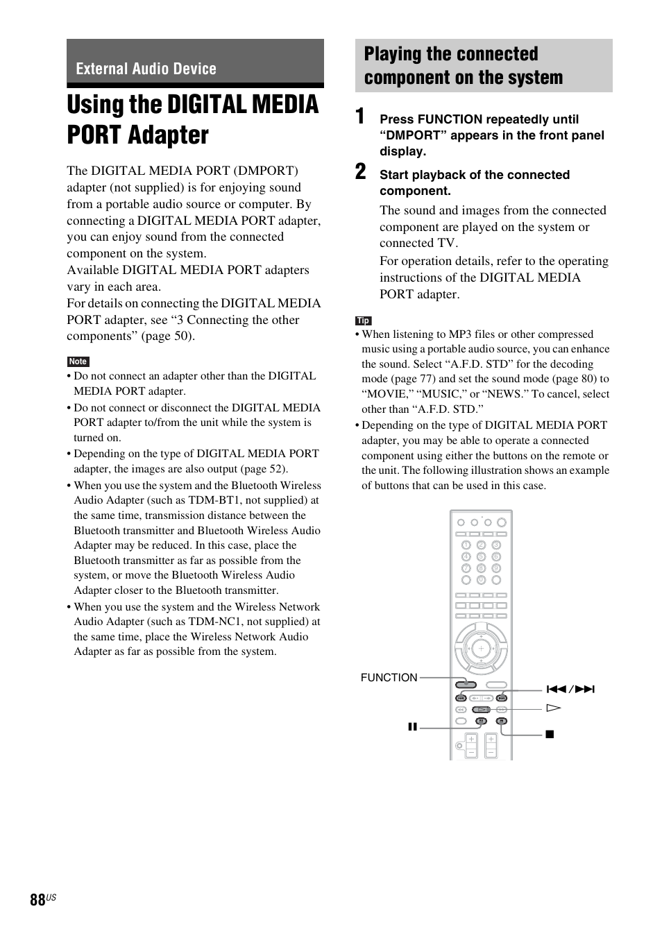 External audio device, Using the digital media port adapter, Playing the connected component on the system | Using the digital media port, Adapter | Sony BDV-IT1000ES User Manual | Page 88 / 155