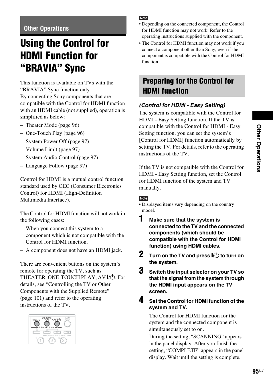 Other operations, Preparing for the control for hdmi function, Using the control for hdmi function for | Bravia” sync | Sony BDV-IT1000ES User Manual | Page 95 / 155