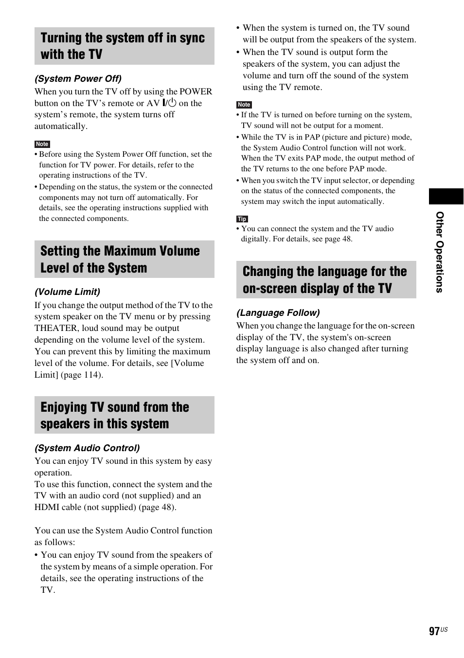 Turning the system off in sync with the tv, Setting the maximum volume level of the system, Enjoying tv sound from the speakers in this system | Sony BDV-IT1000ES User Manual | Page 97 / 155