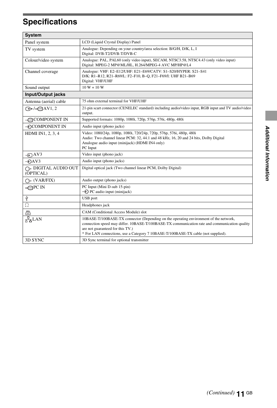 Specifications, Continued) | Sony BRAVIA 4-180-175-11(1) User Manual | Page 11 / 20