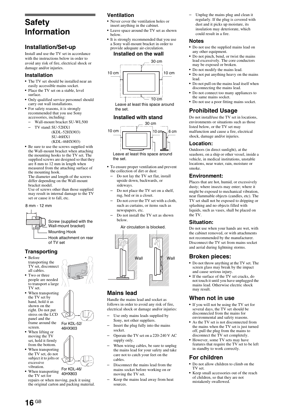 Safety information, Installation/set-up, Mains lead | Prohibited usage, Broken pieces, When not in use, For children | Sony BRAVIA 4-180-175-11(1) User Manual | Page 16 / 20