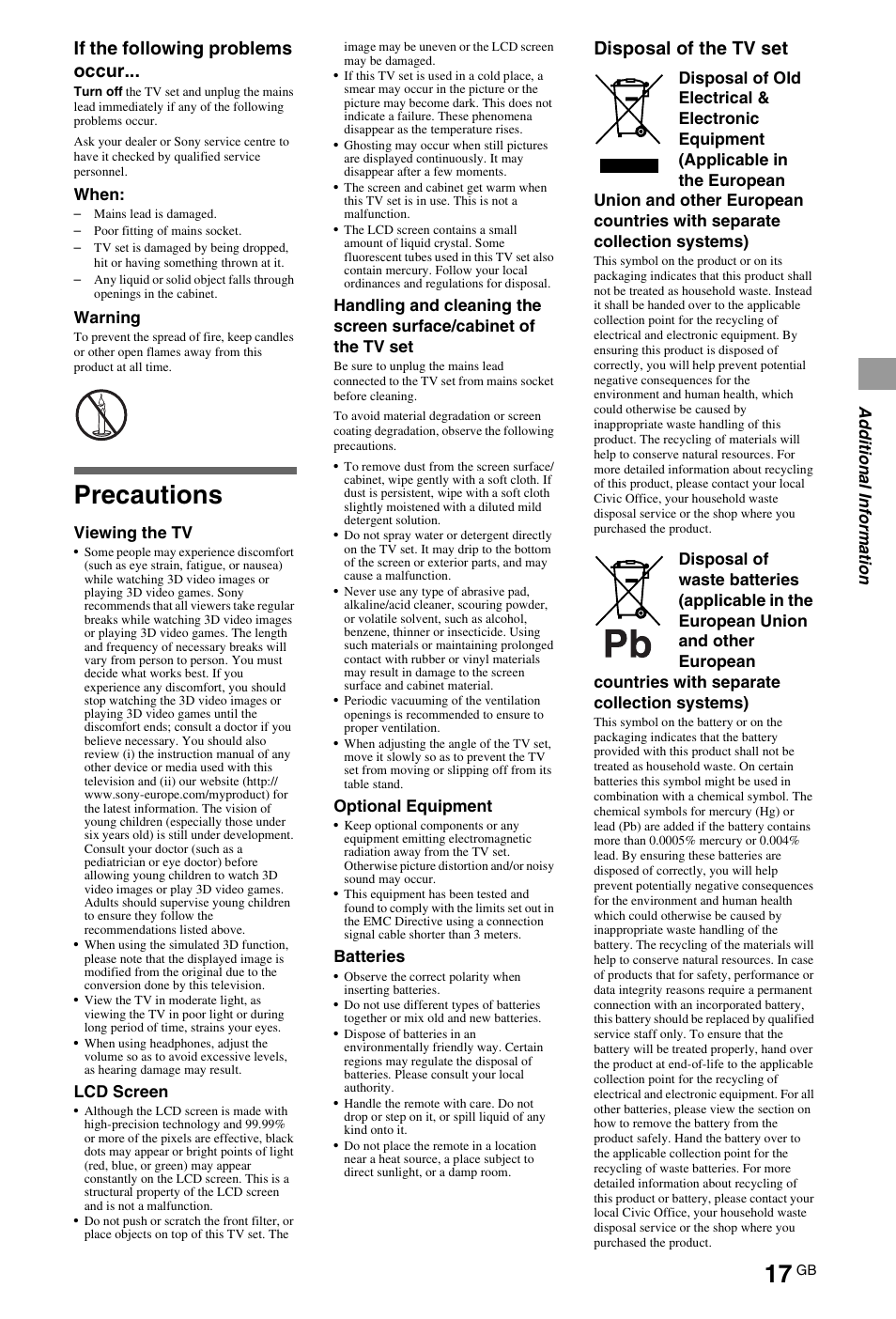 Precautions, If the following problems occur, Disposal of the tv set | Sony BRAVIA 4-180-175-11(1) User Manual | Page 17 / 20