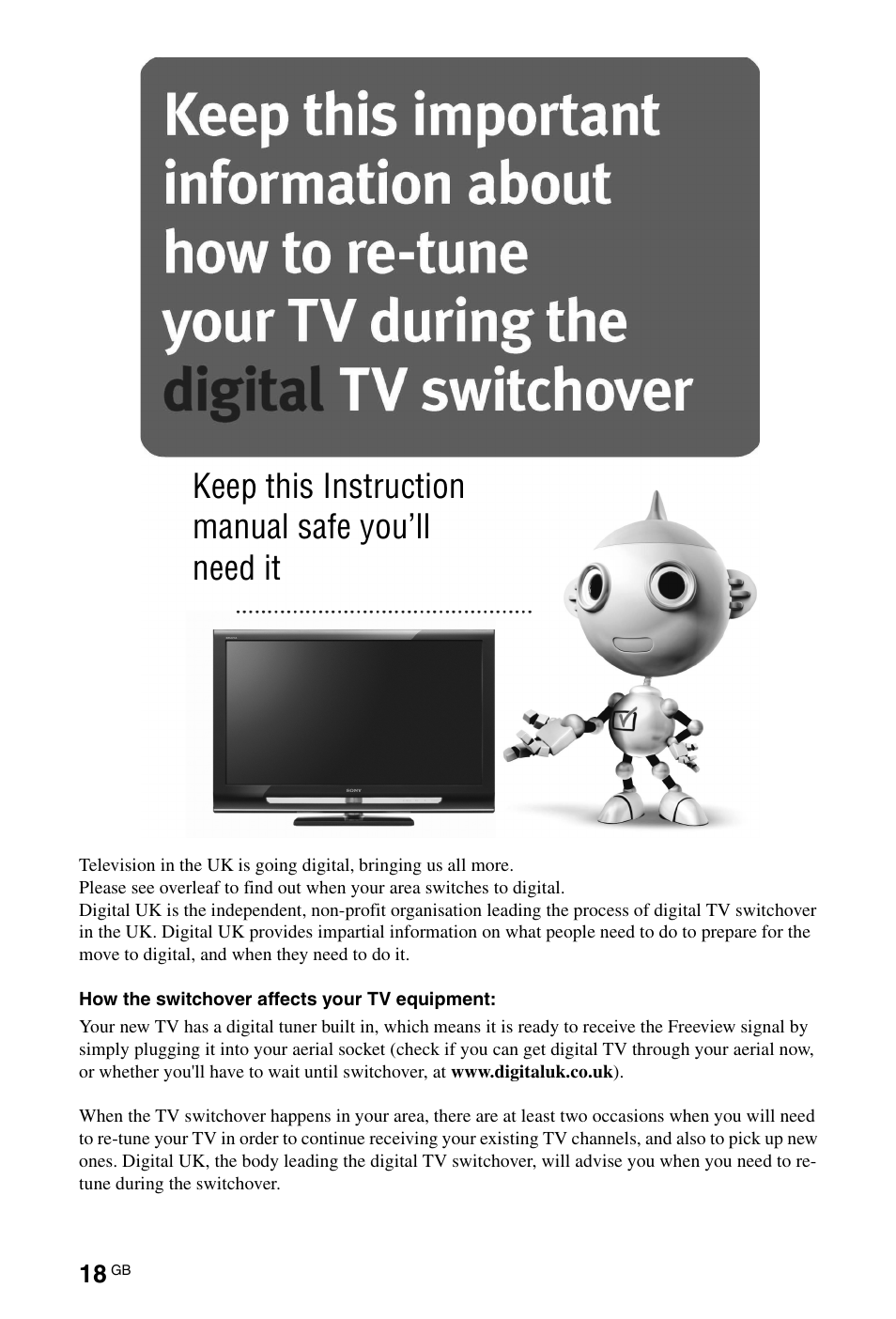 Keep this instruction manual safe you’ll need it | Sony BRAVIA 4-180-175-11(1) User Manual | Page 18 / 20