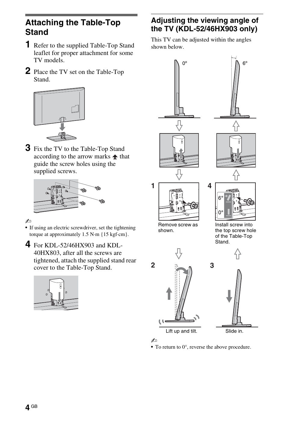 Setting up, Attaching the table-top stand | Sony BRAVIA 4-180-175-11(1) User Manual | Page 4 / 20