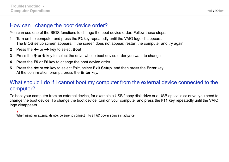 How can i change the boot device order | Sony VAIO VPCYB SERIES User Manual | Page 109 / 144