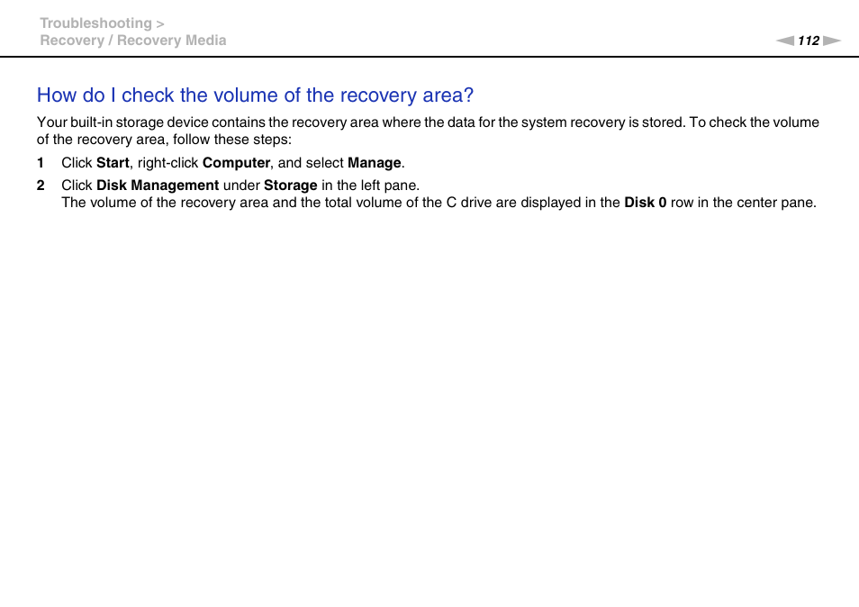 How do i check the volume of the recovery area | Sony VAIO VPCYB SERIES User Manual | Page 112 / 144