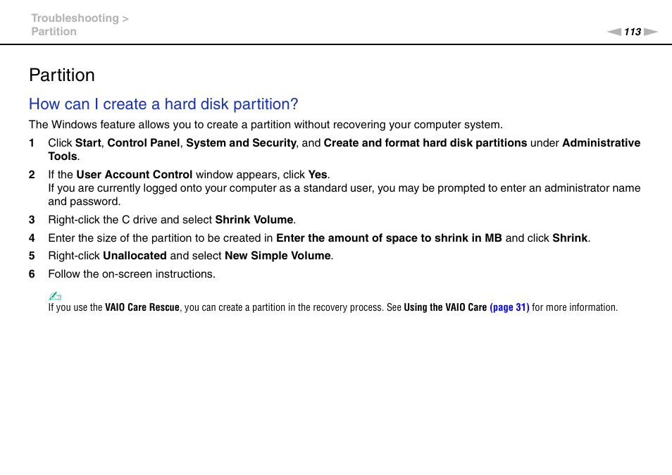 Partition, How can i create a hard disk partition | Sony VAIO VPCYB SERIES User Manual | Page 113 / 144