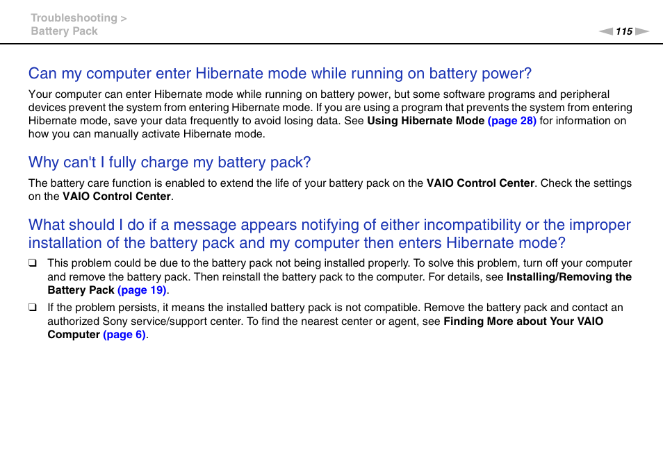 Why can't i fully charge my battery pack | Sony VAIO VPCYB SERIES User Manual | Page 115 / 144