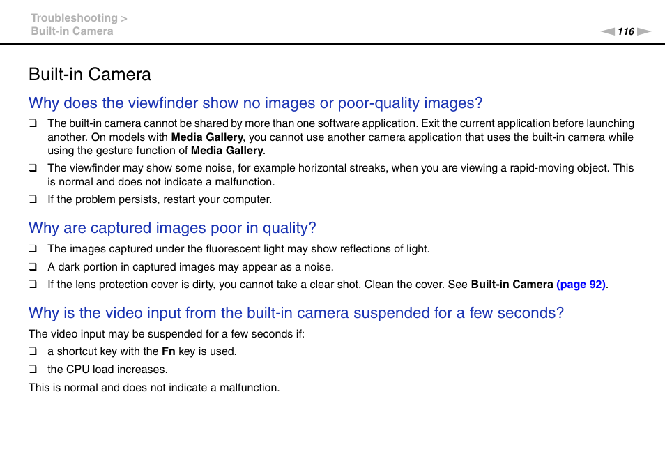 Built-in camera, Why are captured images poor in quality | Sony VAIO VPCYB SERIES User Manual | Page 116 / 144