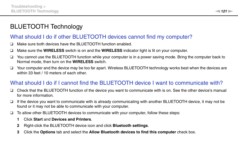 Bluetooth technology | Sony VAIO VPCYB SERIES User Manual | Page 121 / 144