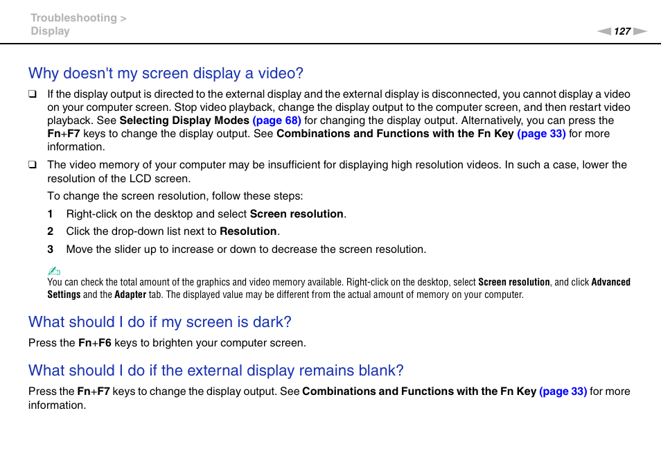 Why doesn't my screen display a video, What should i do if my screen is dark | Sony VAIO VPCYB SERIES User Manual | Page 127 / 144