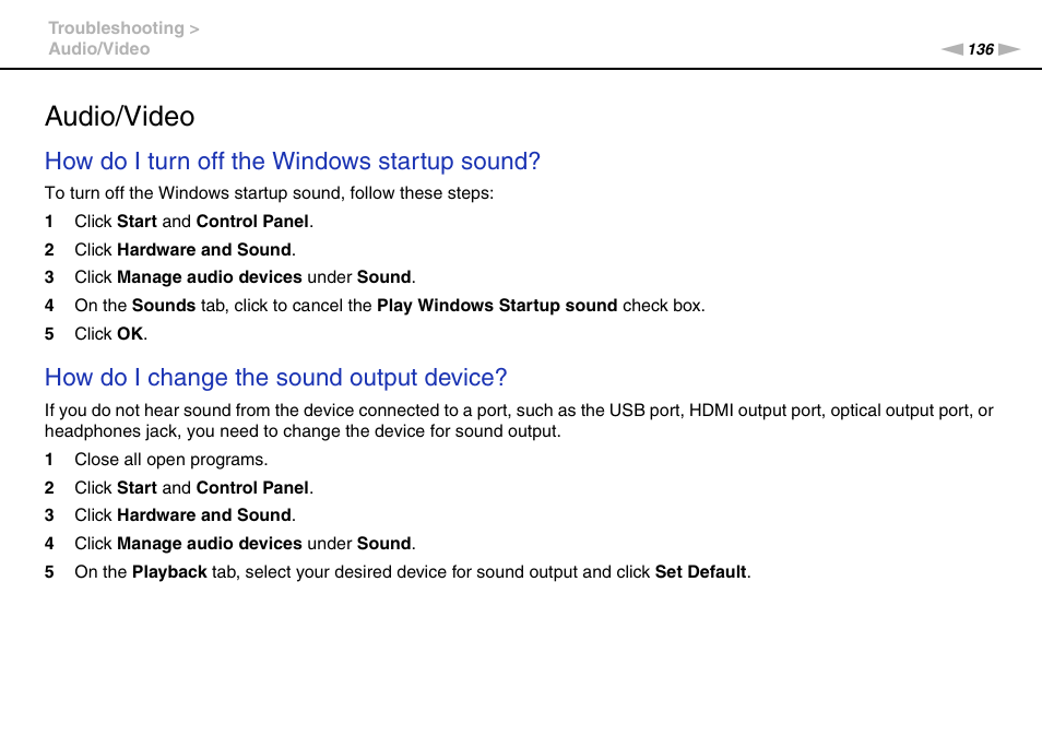 Audio/video, How do i turn off the windows startup sound, How do i change the sound output device | Sony VAIO VPCYB SERIES User Manual | Page 136 / 144