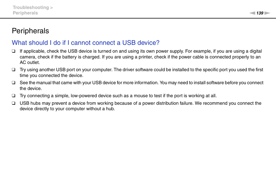 Peripherals, What should i do if i cannot connect a usb device | Sony VAIO VPCYB SERIES User Manual | Page 139 / 144