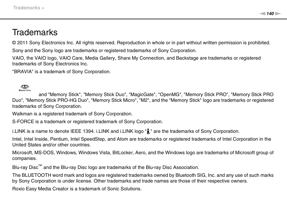 Trademarks | Sony VAIO VPCYB SERIES User Manual | Page 140 / 144