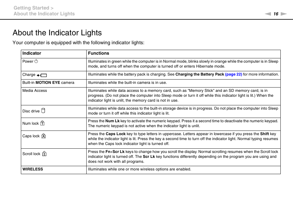 About the indicator lights | Sony VAIO VPCYB SERIES User Manual | Page 16 / 144