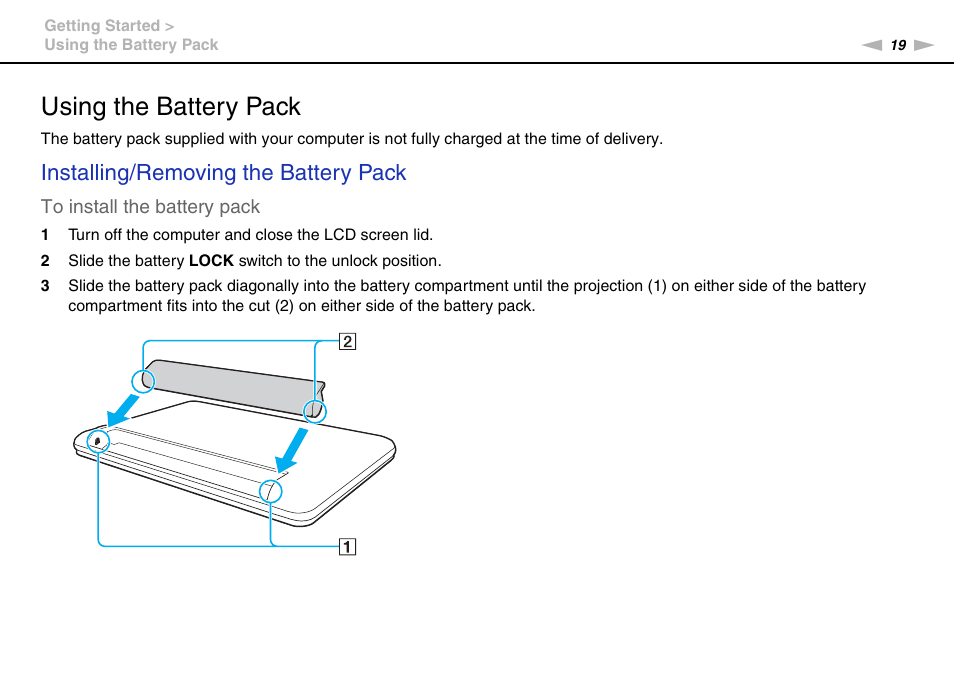 Using the battery pack, Installing/removing the battery pack | Sony VAIO VPCYB SERIES User Manual | Page 19 / 144