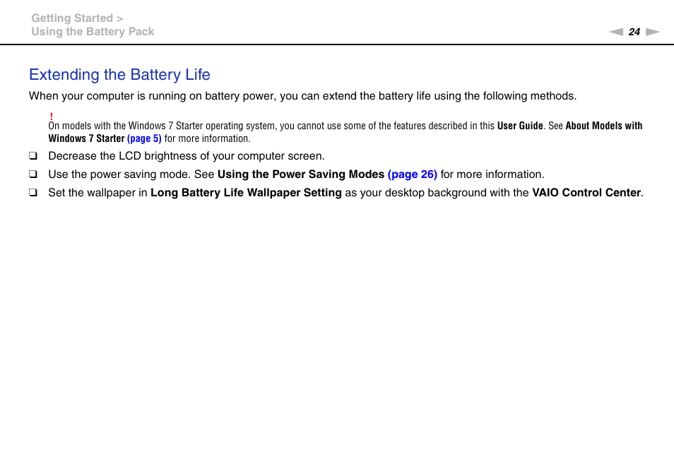 Extending the battery life | Sony VAIO VPCYB SERIES User Manual | Page 24 / 144