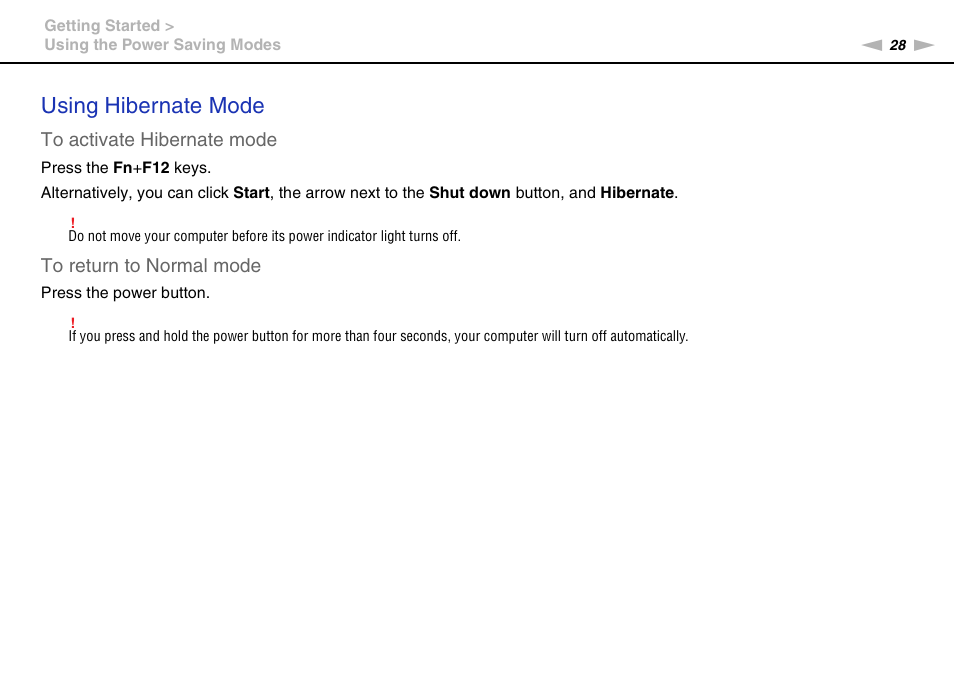 Using hibernate mode | Sony VAIO VPCYB SERIES User Manual | Page 28 / 144