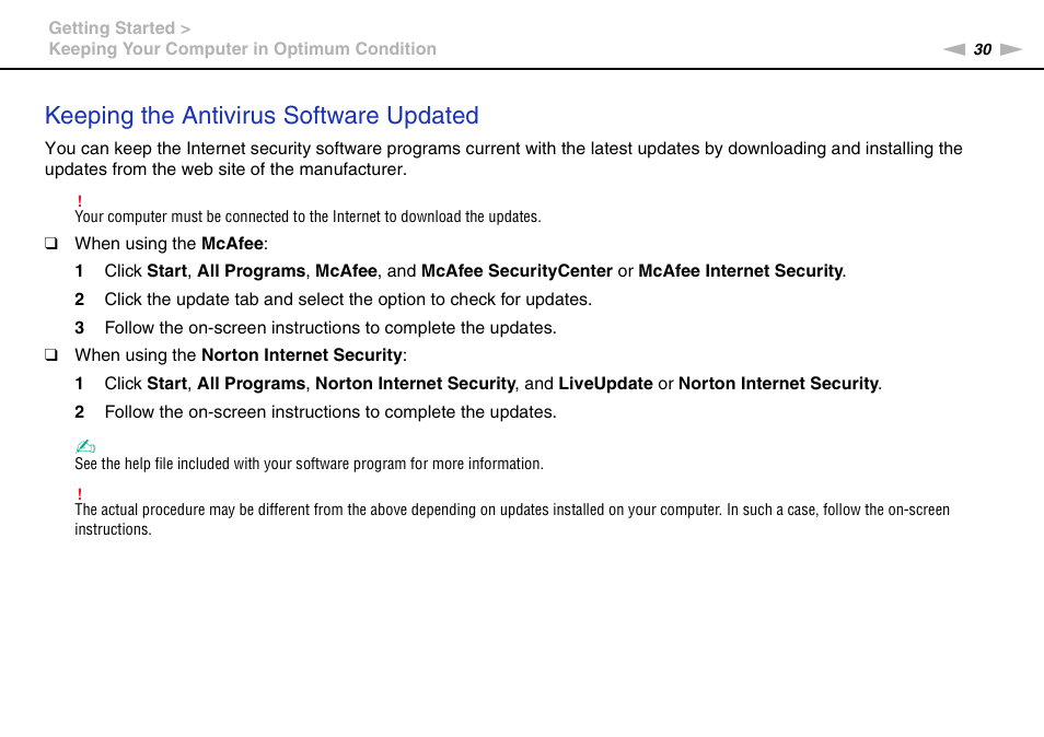 Keeping the antivirus software updated | Sony VAIO VPCYB SERIES User Manual | Page 30 / 144