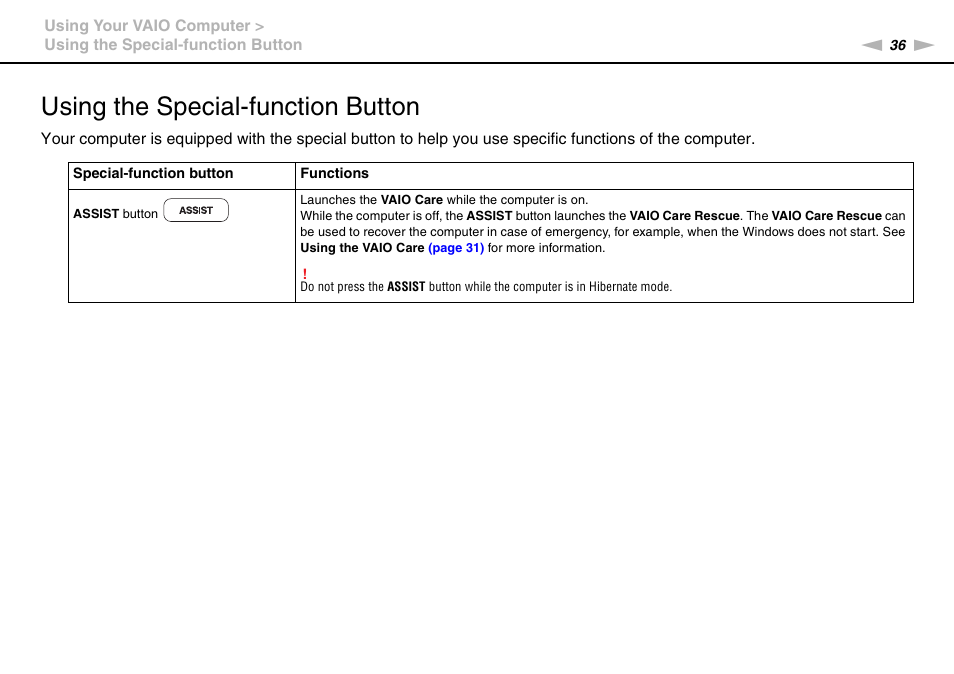 Using the special-function button | Sony VAIO VPCYB SERIES User Manual | Page 36 / 144