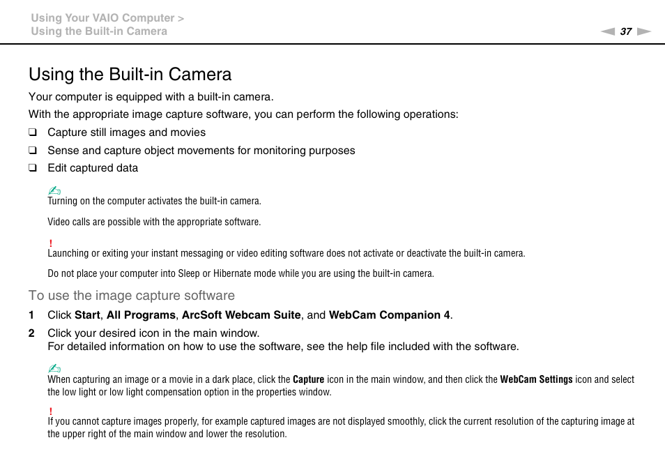 Using the built-in camera | Sony VAIO VPCYB SERIES User Manual | Page 37 / 144