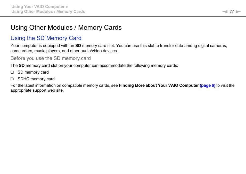 Using other modules / memory cards | Sony VAIO VPCYB SERIES User Manual | Page 44 / 144