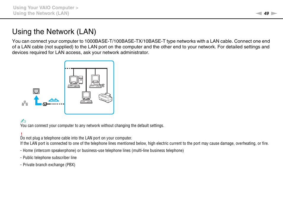 Using the network (lan) | Sony VAIO VPCYB SERIES User Manual | Page 49 / 144