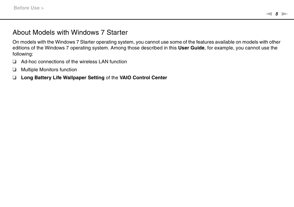 About models with windows 7 starter | Sony VAIO VPCYB SERIES User Manual | Page 5 / 144