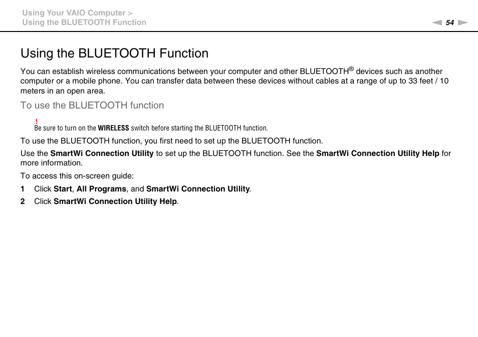 Using the bluetooth function | Sony VAIO VPCYB SERIES User Manual | Page 54 / 144