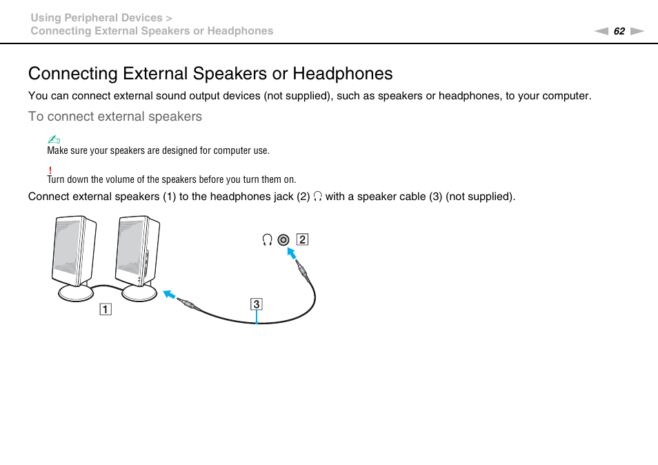 Connecting external speakers or headphones | Sony VAIO VPCYB SERIES User Manual | Page 62 / 144