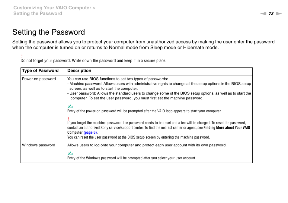 Setting the password | Sony VAIO VPCYB SERIES User Manual | Page 73 / 144