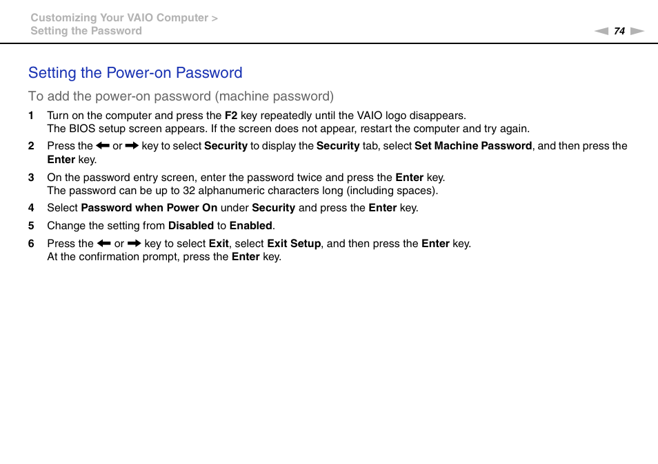 Setting the power-on password | Sony VAIO VPCYB SERIES User Manual | Page 74 / 144