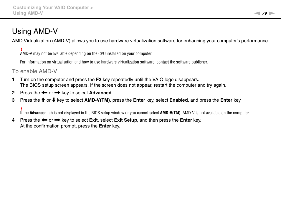 Using amd-v | Sony VAIO VPCYB SERIES User Manual | Page 79 / 144