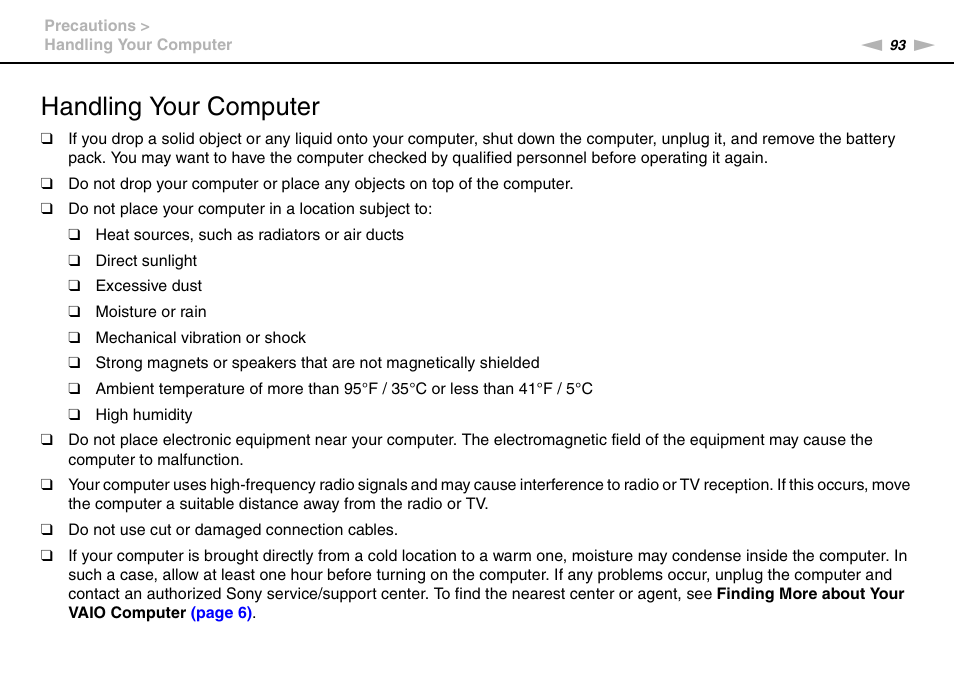 Handling your computer | Sony VAIO VPCYB SERIES User Manual | Page 93 / 144