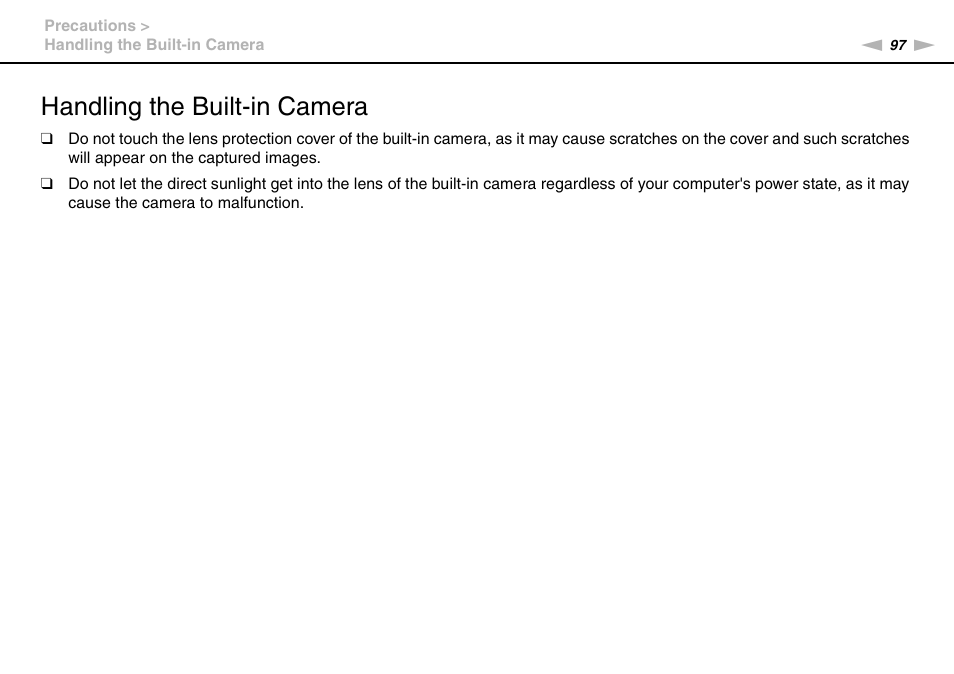 Handling the built-in camera | Sony VAIO VPCYB SERIES User Manual | Page 97 / 144