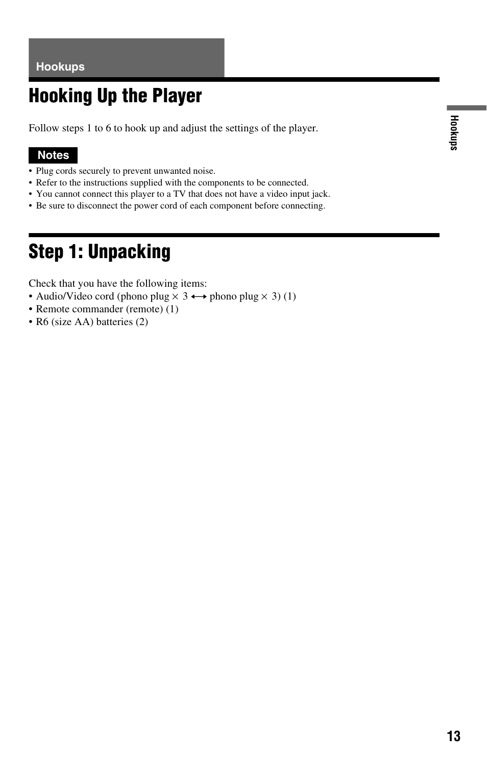 L0 - hookups, L1ac - hooking up the player, L1 - step 1: unpacking | Hookups, Hooking up the player step 1: unpacking, Hooking up the player, Step 1: unpacking | Sony DVP-NS64P User Manual | Page 13 / 64