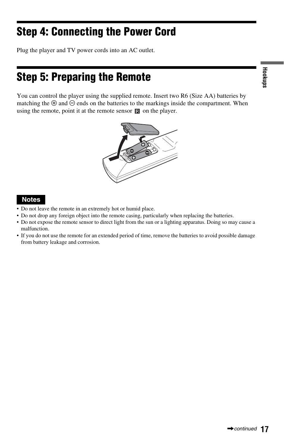 L1ac - step 4: connecting the power cord, L1 - step 5: preparing the remote, Remote sensor) (17) | Step 4: connecting the power cord, Step 5: preparing the remote | Sony DVP-NS64P User Manual | Page 17 / 64