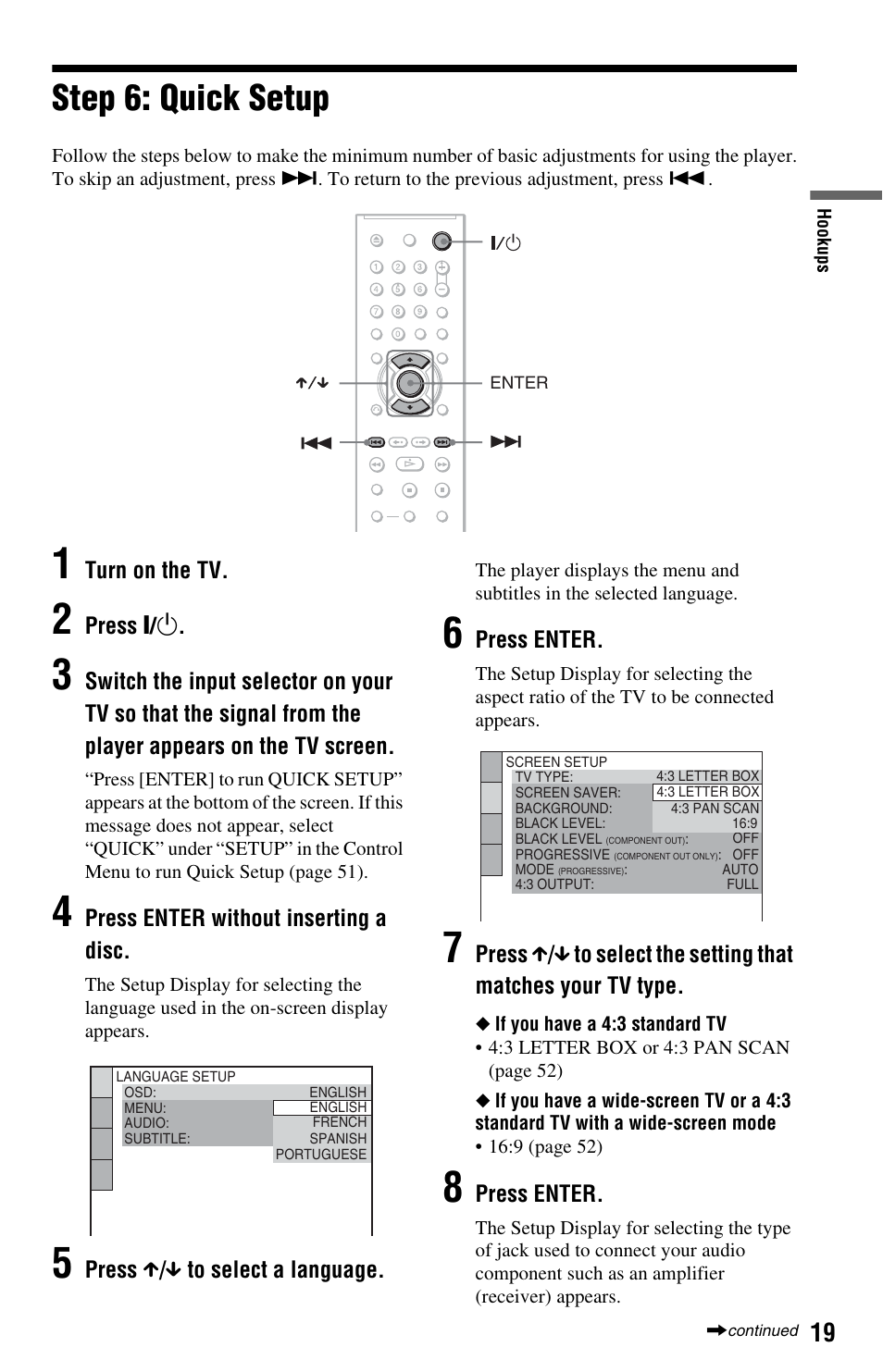 L1ac - step 6: quick setup, Step 6: quick setup | Sony DVP-NS64P User Manual | Page 19 / 64