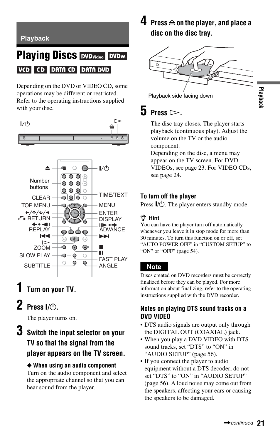L0 - playback, L1 - playing discs, Playback | Playing discs, Button (21) | Sony DVP-NS64P User Manual | Page 21 / 64