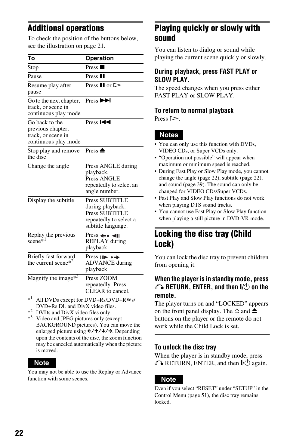 E (22), Button (22), Tons (22 | Buttons (22), Button (22, Angle button (22), Additional operations, Playing quickly or slowly with sound, Locking the disc tray (child lock) | Sony DVP-NS64P User Manual | Page 22 / 64